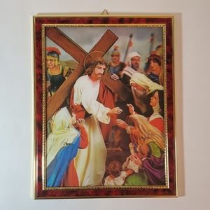 Vintage Framed Holographic Jesus Carrying Cross Wall Picture 10" x 13"